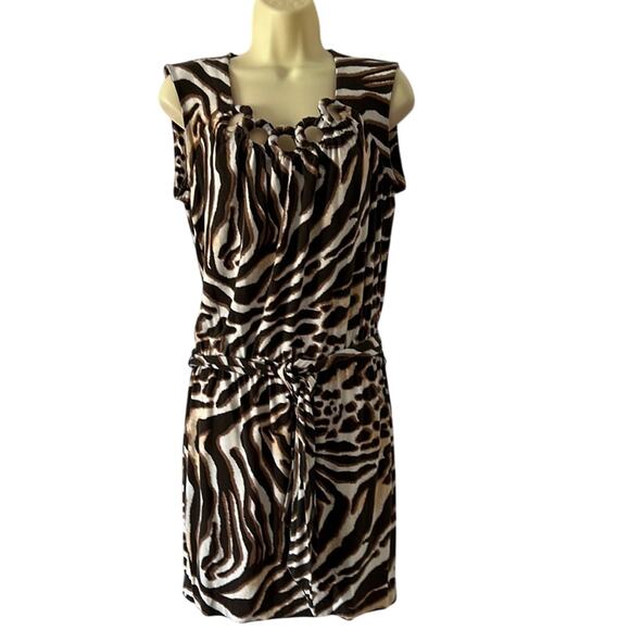 Cache M Brown Animal Print Knit Dress Lightweight Sleeveless Belt - Picture 1 of 10